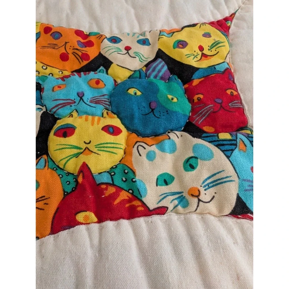 Vintage Quilted Cat Kittens Hot‎ Pad Pot Holder Hand Made Trivet Retro, 7.5in